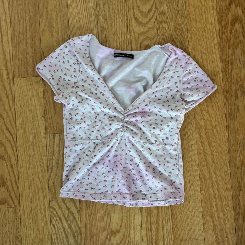 Brandy Melville Pink Floral Ruched Tee